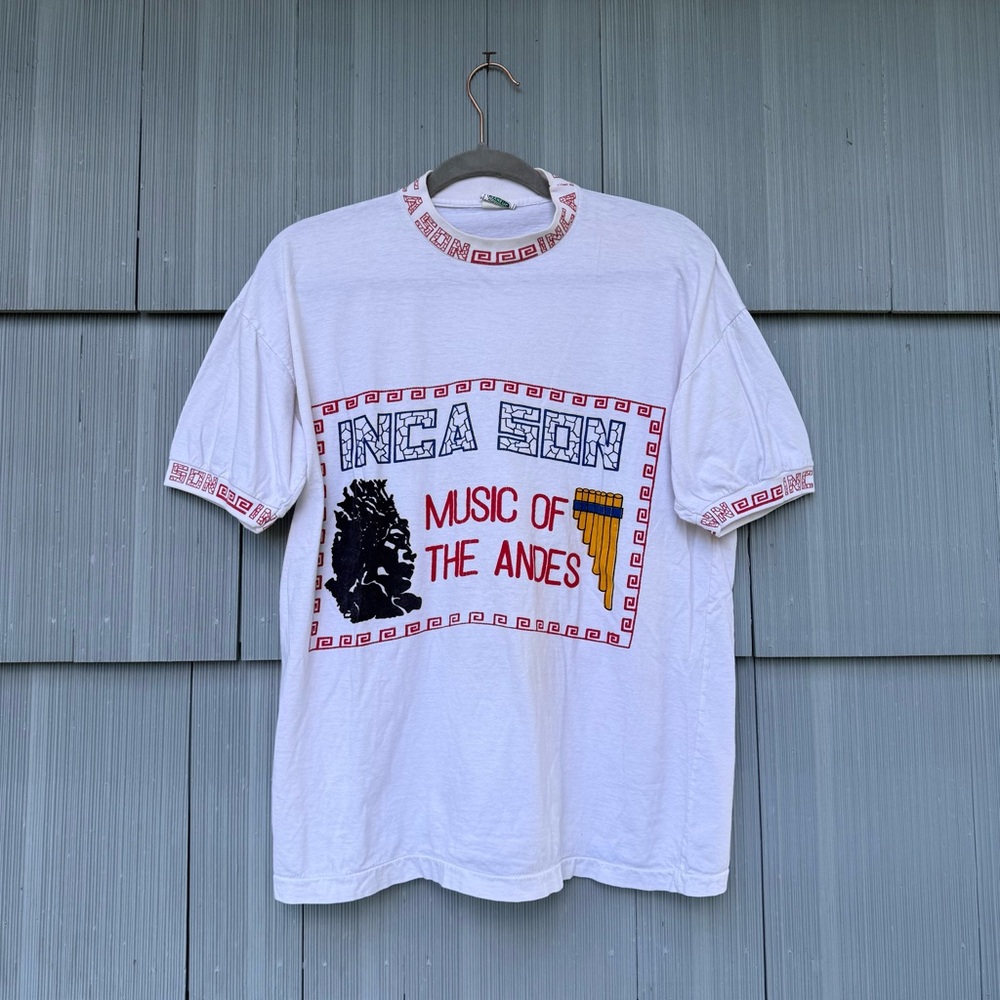 Vintage White Ringer Tee, Music of the Andes Shirt, Peru, M/L, Short Sleeve